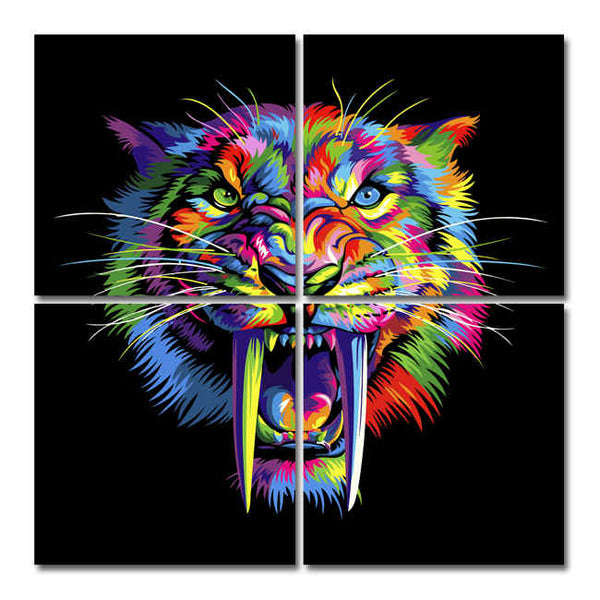 Malen nach Zahlen Tiger in Regenbogenfarben Tierkunst - 4-teilig (Quattro)