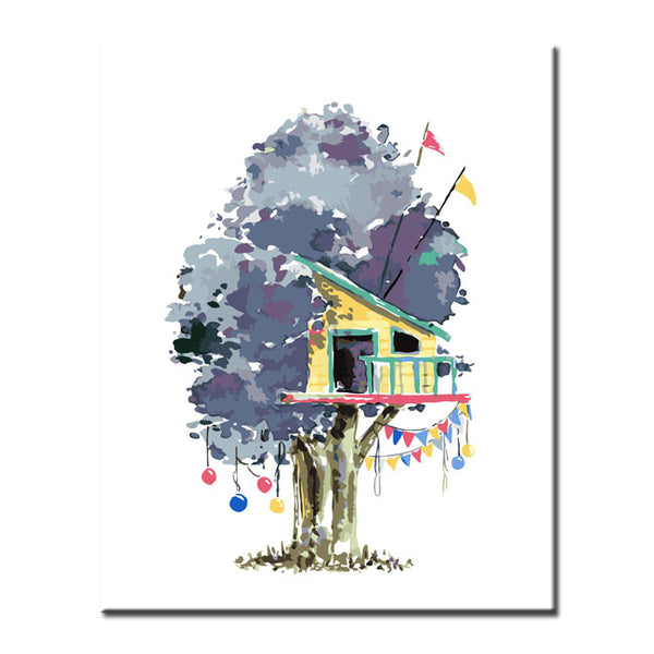 Malen nach Zahlen Kunst Illustration gelbes Baumhaus im violetten Baum
