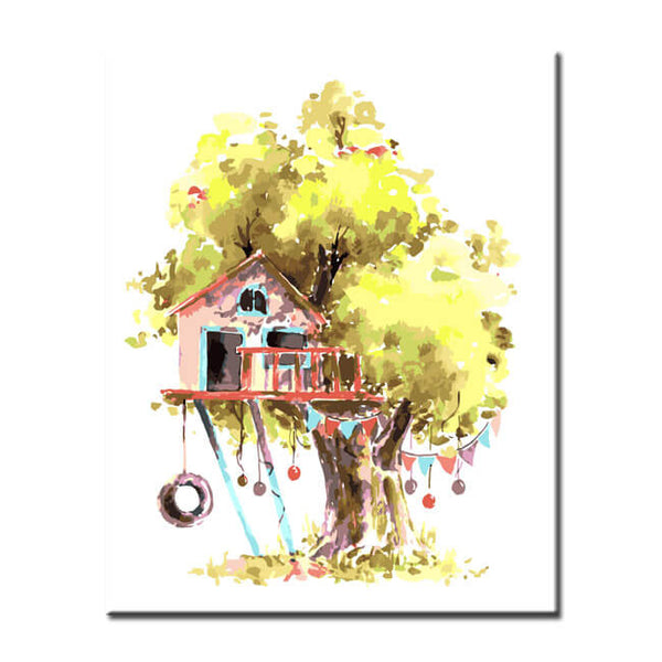 Malen nach Zahlen Kunst Illustration gelber Baum mit rosa Baumhaus