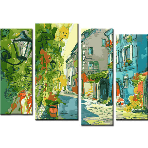 Malen nach Zahlen Kunst Illustration Altstadt Gasse 4-teilig