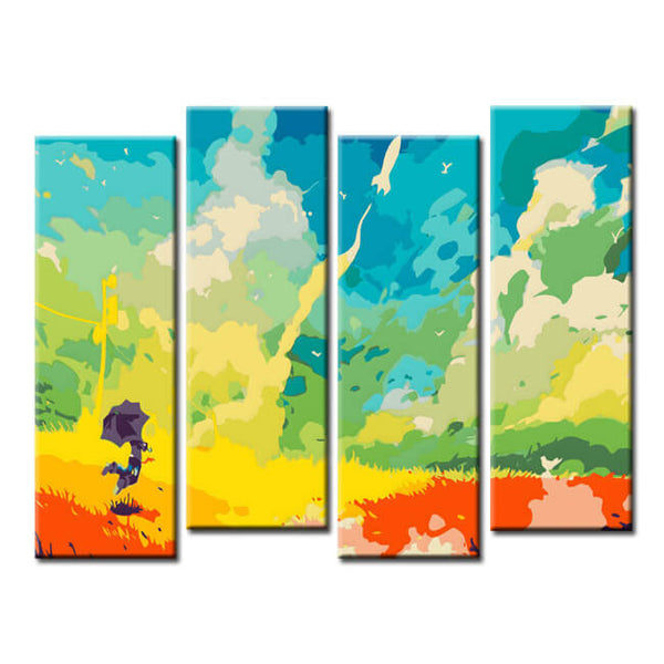 Malen nach Zahlen Kunst Farbenfrohes Gemälde Mensch mit Regenschirm 4-teilig