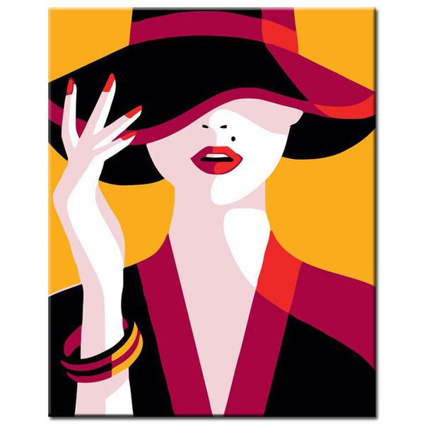 Malen nach Zahlen Kunst Frau mit pink schwarzem Hut