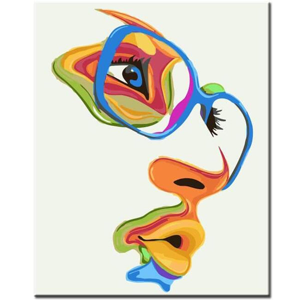Malen nach Zahlen Kunst Lifestyle weißes Gesicht mit farbigen Augen, Mund und Nase und blauer Brille