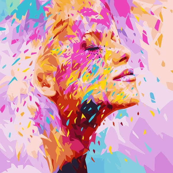 Malen nach Zahlen Kunst Lifestyle Frauenprofil mit Pastellfarbenen Klecksen