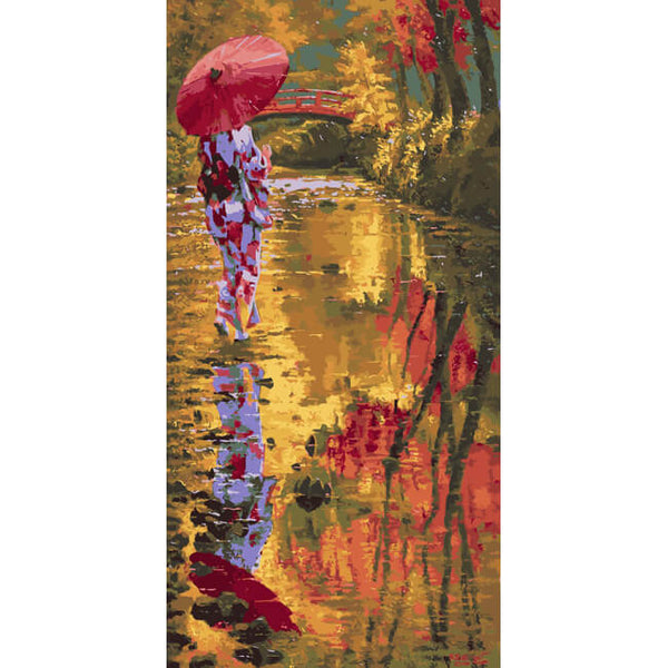 Malen nach Zahlen Kunst Lifestyle Frau steht mit Schirm am Ufer
