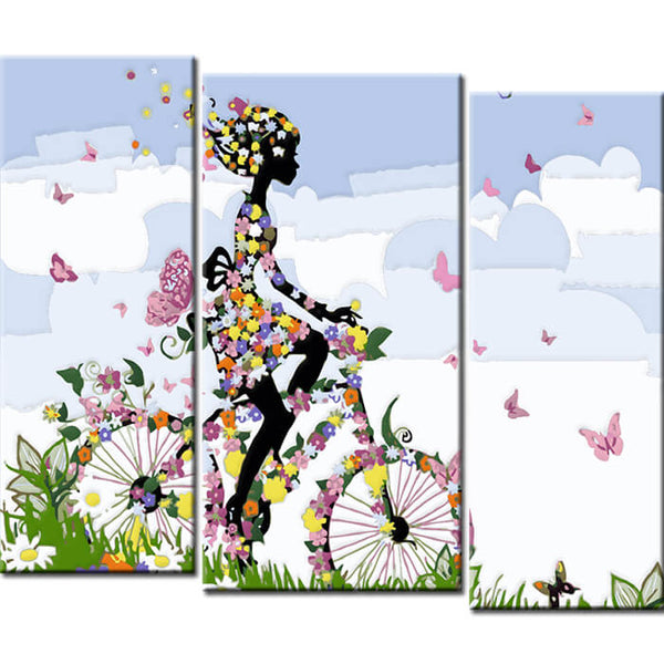 Malen nach Zahlen Lifestyle Kunst Frau auf Fahrrad 3-teilig