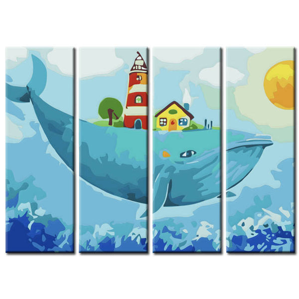 Malen nach Zahlen Kunst Tier Wal mit Leuchtturm Haus und Baum auf dem Rücken 4-teilig