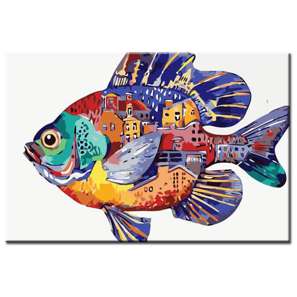 Malen nach Zahlen Kunst Tier Bunter Fisch mit Bunten Häusern im Bauch