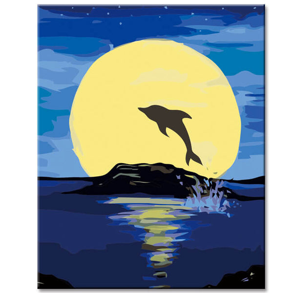 Malen nach Zahlen Kunst Tier Delfin bei Nacht vor Vollmond