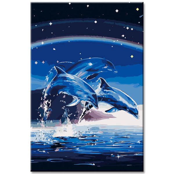 Malen nach Zahlen Kunst Tier Delfin Gruppe bei Nacht