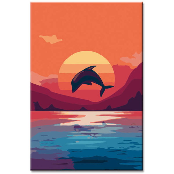 Malen nach Zahlen Kunst Tier Delfin im Meer bei Abendsonne
