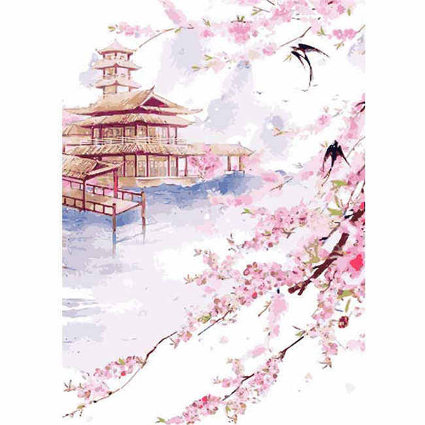 Malen nach Zahlen China Kirschblüte Pagoda Landschaft