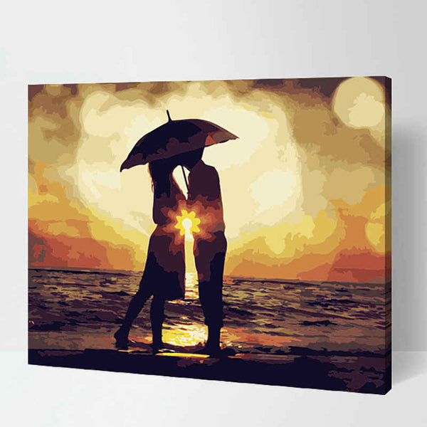 Malen nach zahlen paar am meer unter schirm menschen