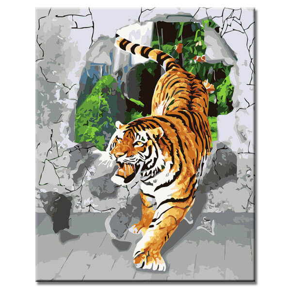 Malen nach Zahlen Kunst 3d Tiger kommt aus der Wand