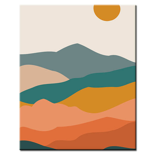 Malen nach Zahlen Kunst Minimalismus Sonne über farbigen Bergen