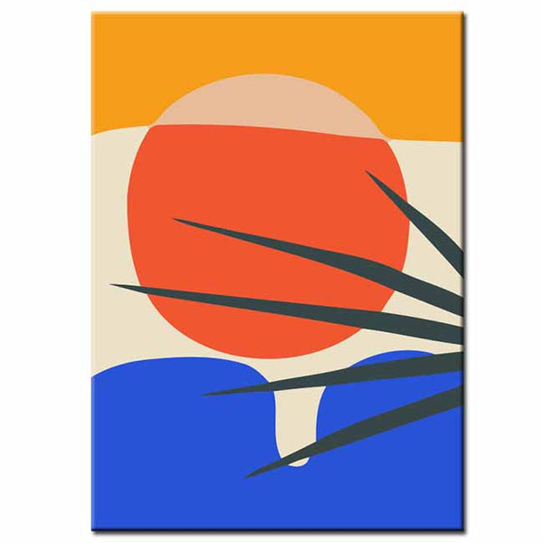 Malen nach Zahlen Kunst Minimalismus roter Sonnenuntergang mit Wasser und Palmenblatt