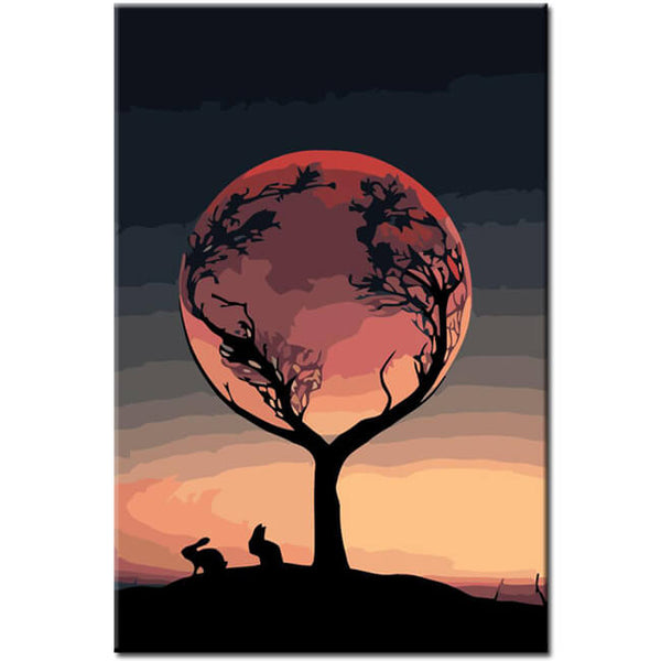 Malen nach Zahlen Fotokunst roter Vollmond mit Baum im Nachthimmel