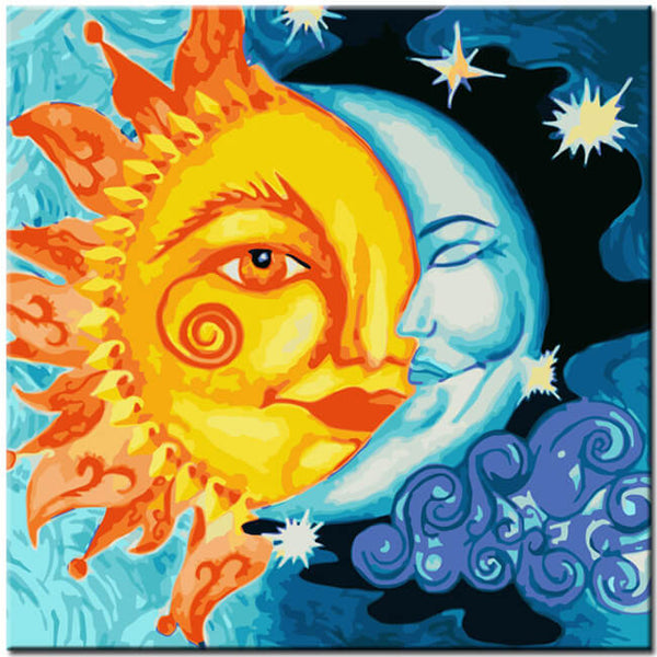 Malen nach Zahlen Kunst Halbe Sonne und Halber Mond in einem Gesicht