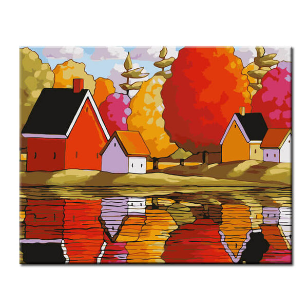 Malen nach Zahlen Kunst Illustration Herbstlandschaft Reflektion im Wasser