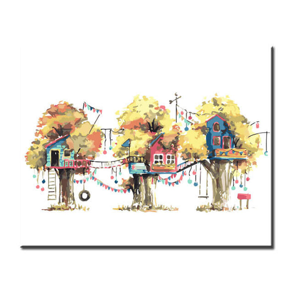 Malen nach Zahlen Kunst Illustration drei Baumhäuser mit Schaukeln