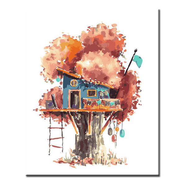Malen nach Zahlen Kunst Illustration Blaues Baumhaus im roten Baum