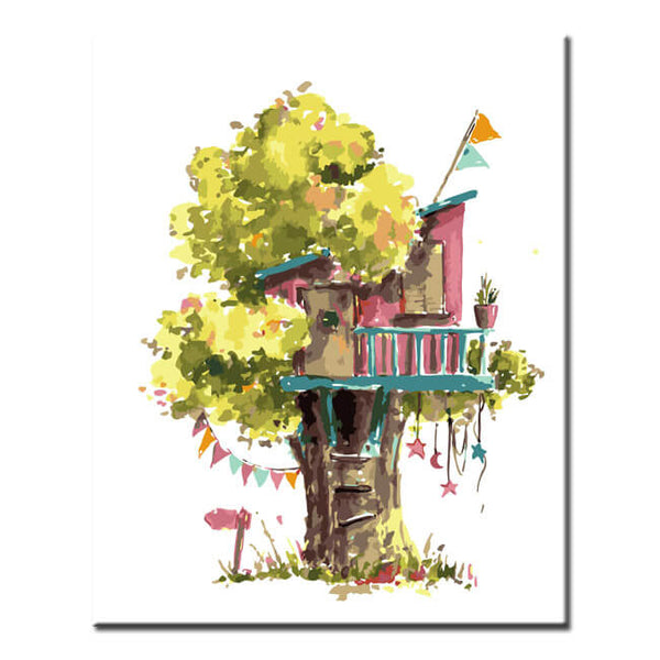 Malen nach Zahlen Kunst Illustration rotes Baumhaus im gelb-grünen Baum