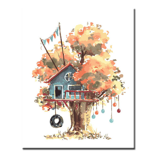 Malen nach Zahlen Kunst Illustration herbstfarbener Baum mit blauem Baumhaus