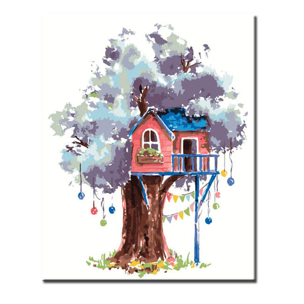 Malen nach Zahlen Kunst Illustration violetter Baum mit rotem Baumhaus