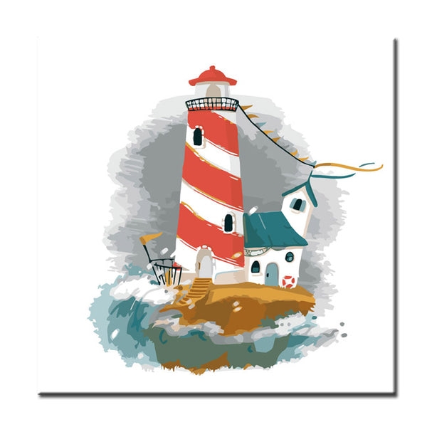 Malen nach Zahlen Kunst Illustration Leuchtturm mit weißem Haus