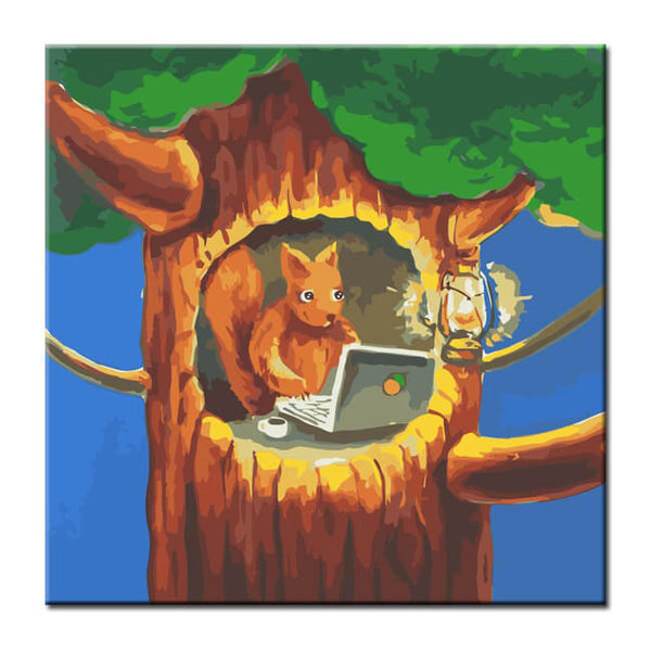 Malen nach Zahlen Kunst Illustration Eichhörnchen mit Laptop im Baum