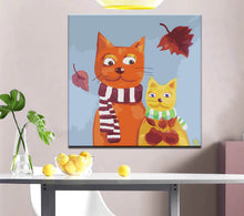 Laden Sie das Bild in den Galerie-Viewer, Malen nach Zahlen Kunst Illustration zwei Katzen mit Schal und Herbstblätter