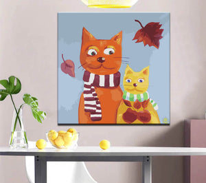 Malen nach Zahlen Kunst Illustration zwei Katzen mit Schal und Herbstblätter