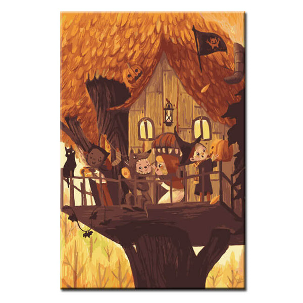Malen nach Zahlen Kunst Illustration Halloween-Baumhaus mit Kindern