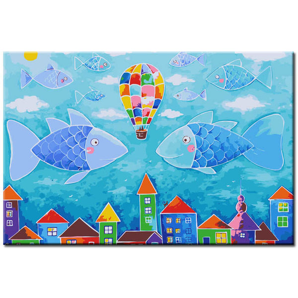 Malen nach Zahlen Kunst Illustration Kreativ Fische und Heißluftballon über der Stadt