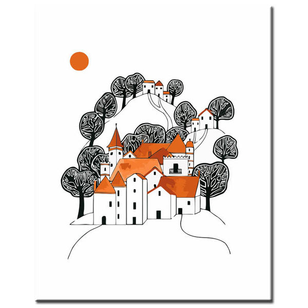Malen nach Zahlen Kunst Illustration weiße Häuser mit orangenem Dach und schwarze Bäume