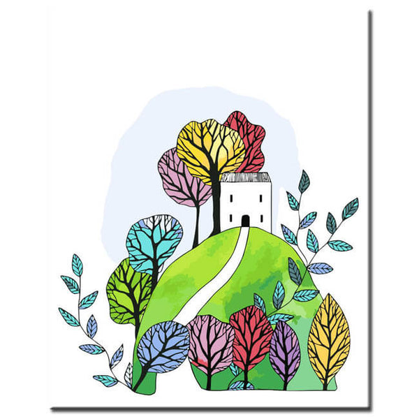 Malen nach Zahlen Kunst Illustration weißes Haus in der Landschaft mit bunten Bäumen