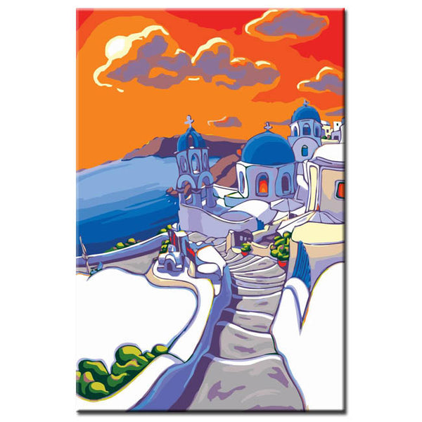 Malen nach Zahlen Kunst Landschaft Meer von Griechenland mit weißen Häusern und blauen Dächern