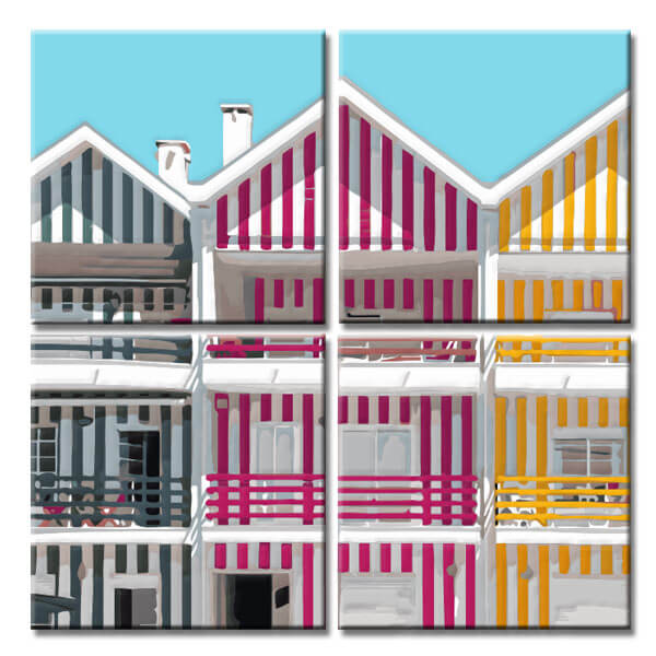 Malen nach Zahlen Kunst Landschaft drei bunt gestreifte Häuser 4-teilig