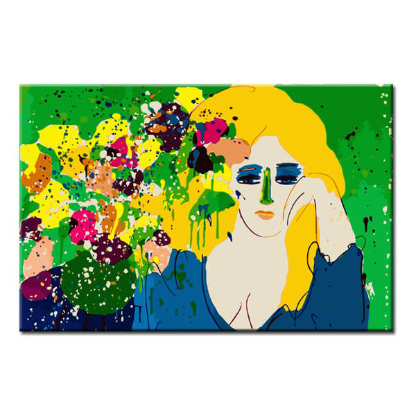 Malen nach Zahlen Kunst Blonde Frau mit bunten Farbklecksen