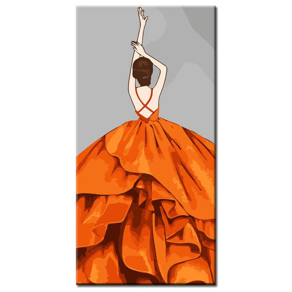 Malen nach Zahlen Kunst Frau mit großem Orangenen Rock