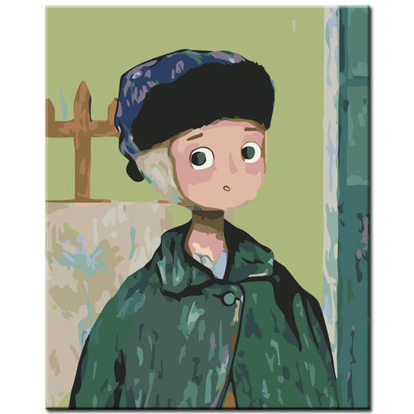Malen nach Zahlen Kunst Junge mit grüner Mütze und Jacke