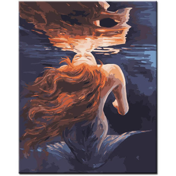 Malen nach Zahlen Kunst Lifestyle Rothaarige Meerjungfrau unter Wasser