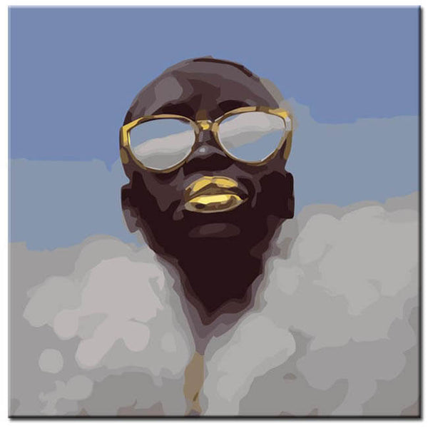 Malen nach Zahlen Kunst Lifestyle Afrikanische Person mit goldenen Lippen und Sonnenbrille