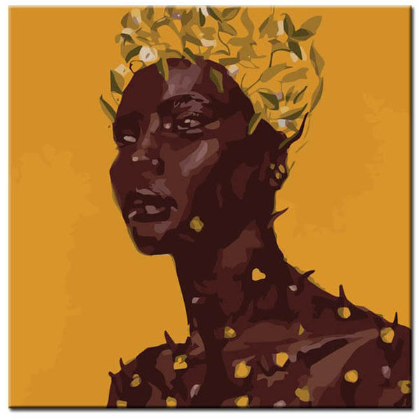 Malen nach Zahlen Kunst Lifestyle Afrikanische Frau vor gelbem Hintergrund und Blätter auf dem Kopf