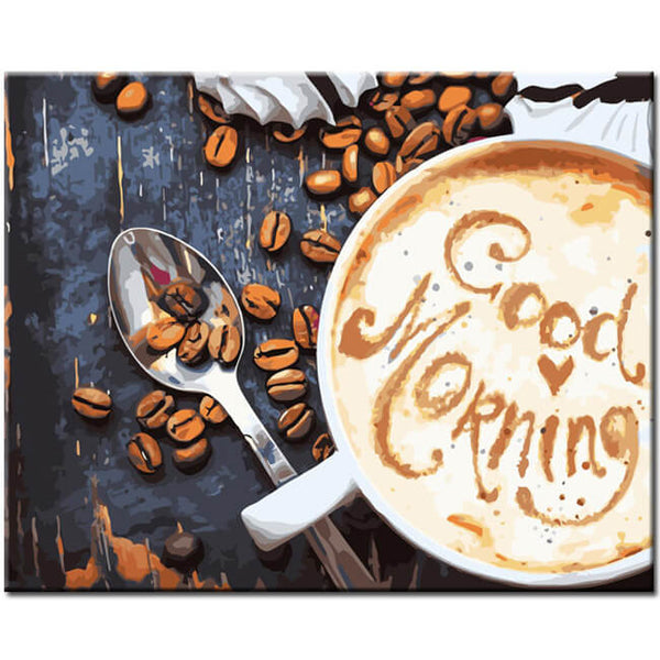 Malen nach Zahlen Kunst Lifestyle Tasse Kaffee mit Schriftzug im Schaum