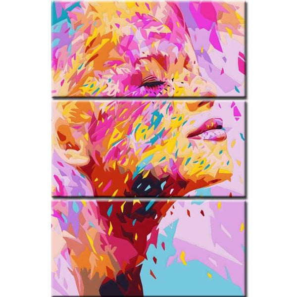 Malen nach Zahlen Kunst Lifestyle Frauenprofil mit Pastellfarbenen Klecksen 3-teilig