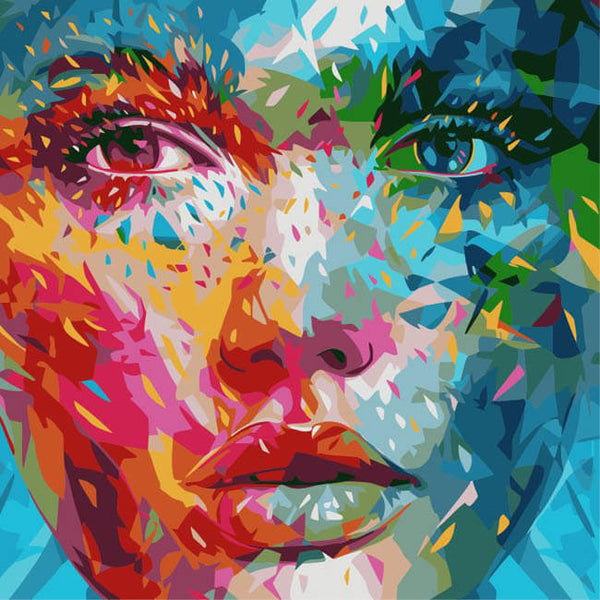 Malen nach Zahlen Kunst Lifestyle Frau halb rot farbiges und halb blaugrün farbiges Gesicht