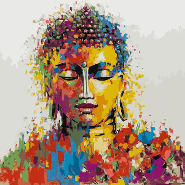Malen nach Zahlen Kunst Lifestyle goldener Buddha mit Farbspritzern