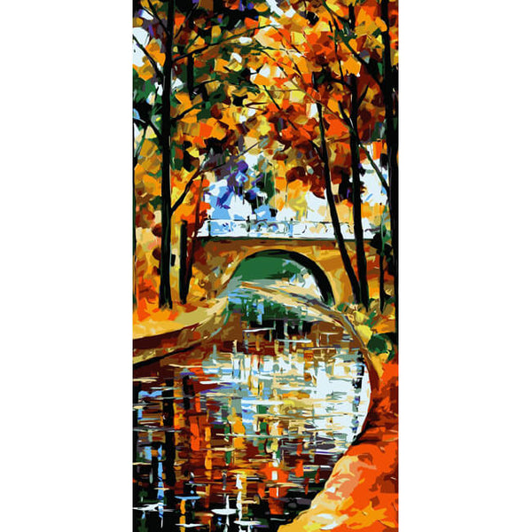 Malen nach Zahlen Kunst Natur Herbstlandschaft mit Fluss und Brücke