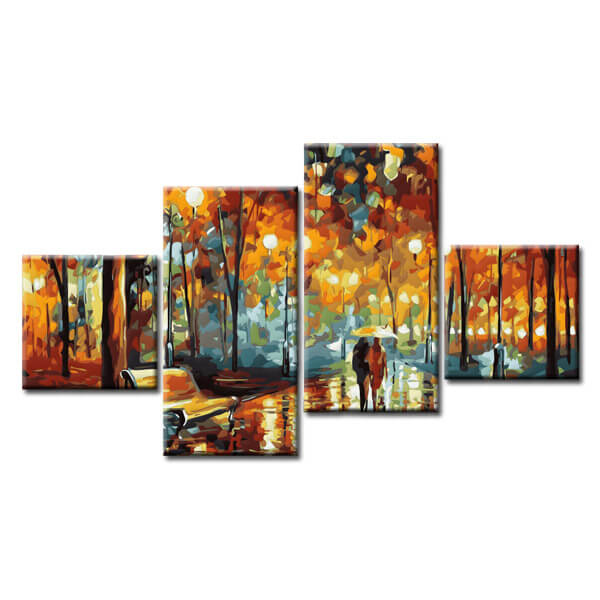 Malen nach Zahlen Kunst Natur Herbstbild mit Pärchen unterm Schirm und Bank 4-teilig
